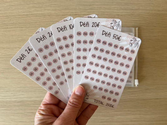 Tracker défi plastifié 1,2,5,10,20 et 50 euros pour enveloppe A7
