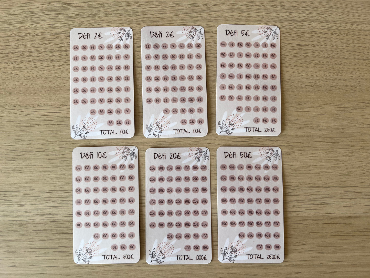 Tracker défi plastifié 1,2,5,10,20 et 50 euros pour enveloppe A7