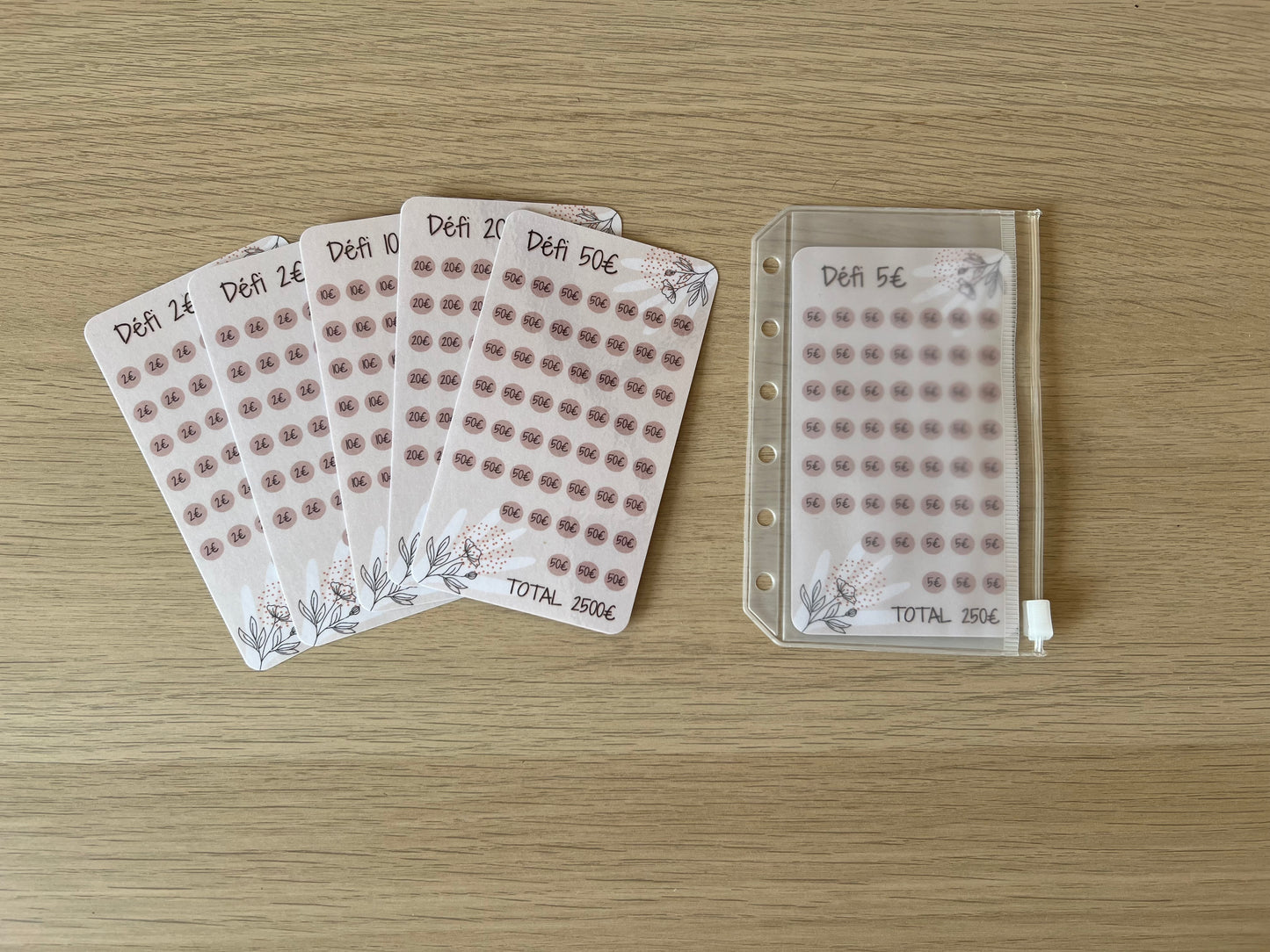 Tracker défi plastifié 1,2,5,10,20 et 50 euros pour enveloppe A7