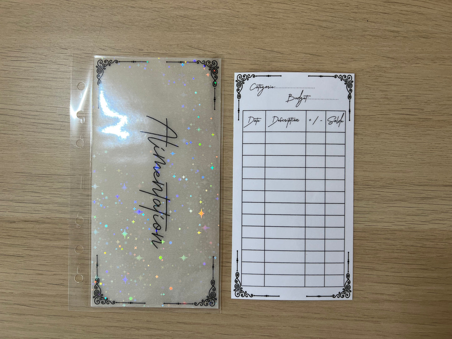A6 Enveloppes budget calque plastifiées à paillettes personnalisées perforées pour classeur A6. enveloppe vellum