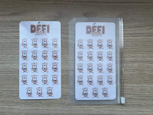 A6 Tracker défi nounours plastifié, défi 200 euros défi 400 euros