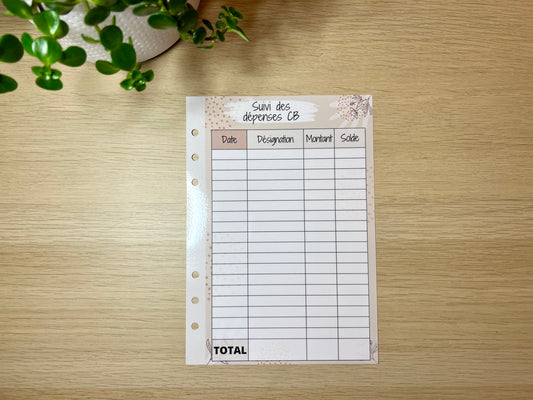 A6 ou A5 fiche suivi des dépenses CB plastifiée perforée
