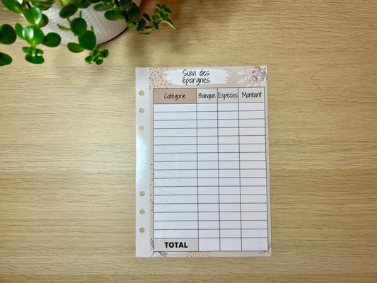 A6 ou A5 fiche suivi des épargnes plastifiée perforée
