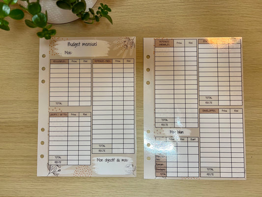 A5 2 fiches budget mensuel plastifiées pour classeur A5 6 anneaux