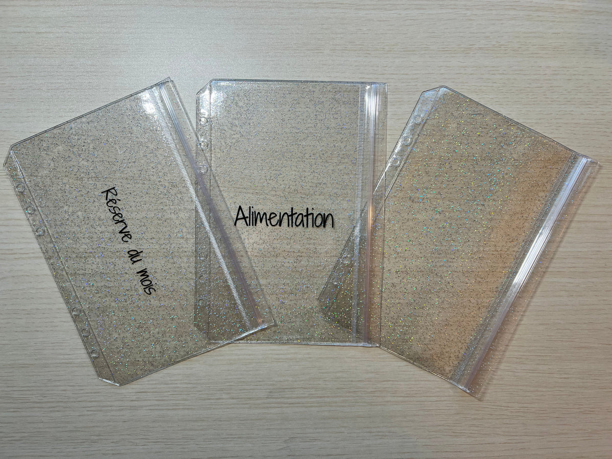 A5 Enveloppe budget pailletée double compartiment fermeture sans zip