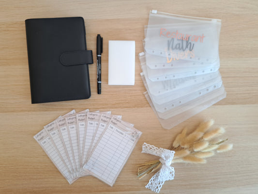 Pack classeur budget A6 avec 6 enveloppes, 6 trackers,1 marqueur indélébile et 1 gomme magique