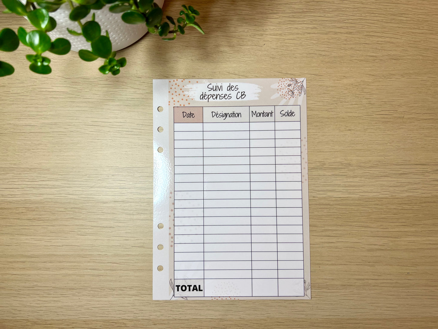 A6 ou A5 fiche suivi des dépenses CB plastifiée perforée