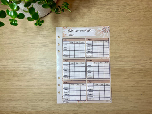 A6 ou A5 fiche suivi des enveloppes plastifiée perforée