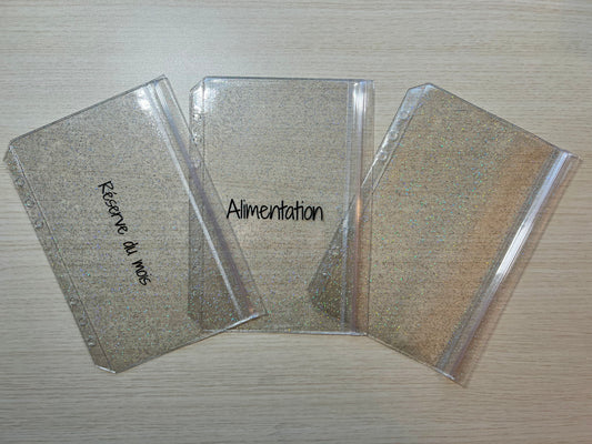 A5 Enveloppe budget pailletée double compartiment fermeture sans zip